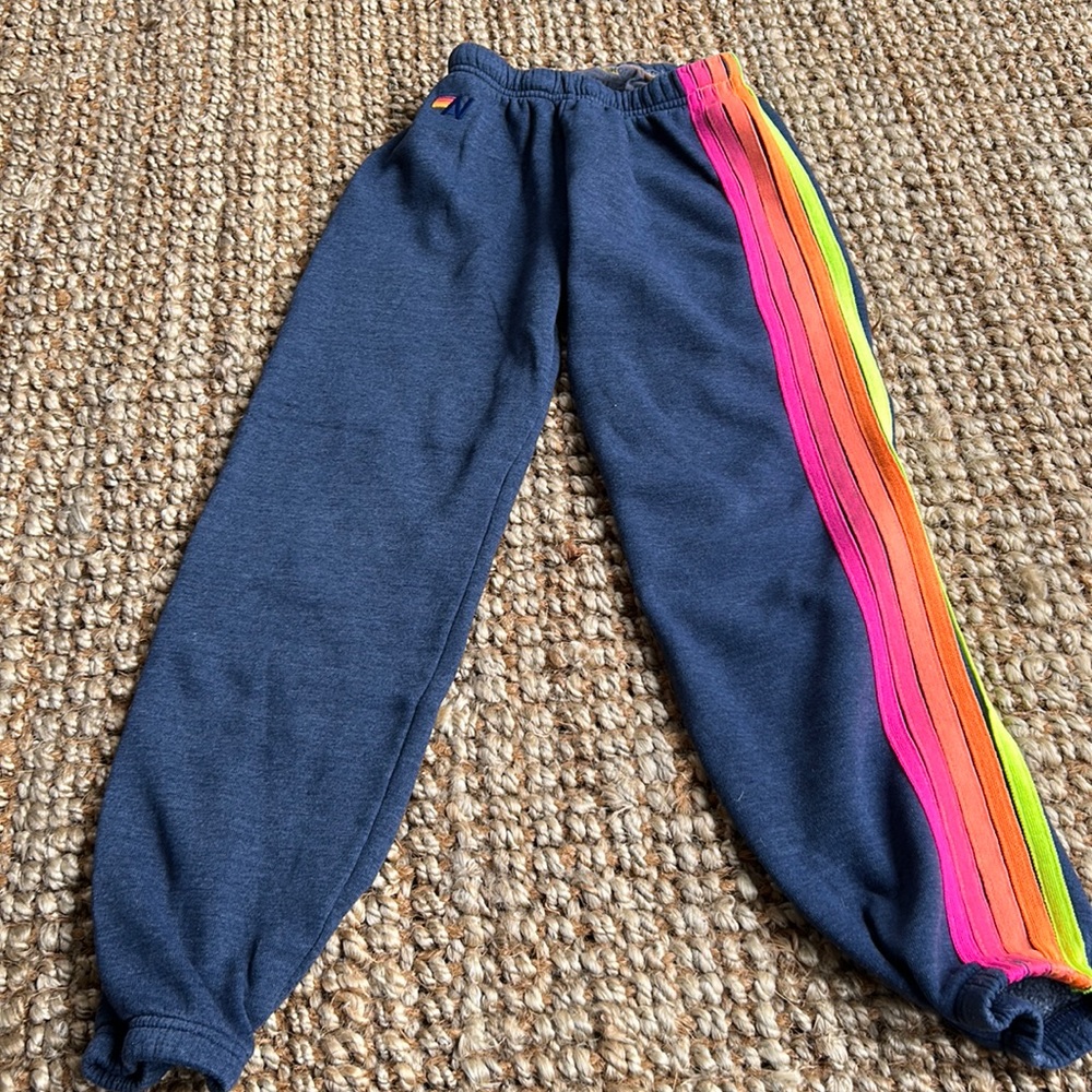 Aviator Nation Adult XS sweatpants, navy with neon stripes.